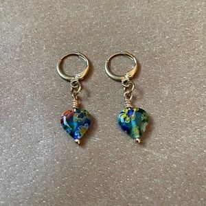 Italian millefiori glass floral heart 💙 hoop earrings gold blue green flower